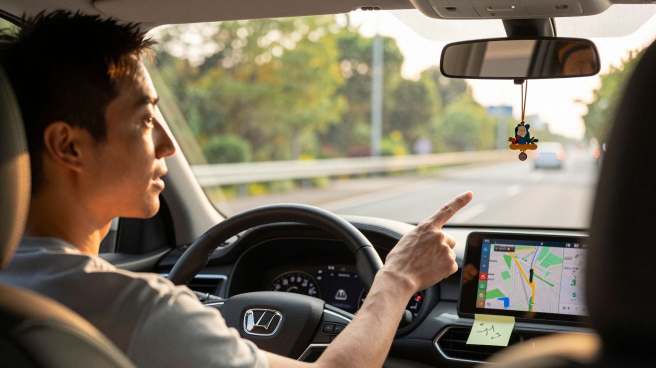 Persona conduciendo un coche Honda, señalando el GPS en la pantalla mientras conduce por una carretera arbolada.