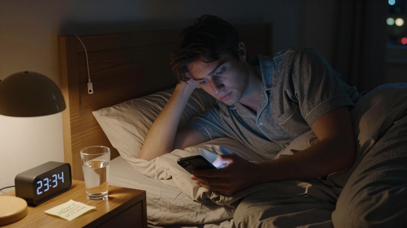 Joven en la cama usando el móvil, con lámpara y reloj digital marcando 23:34 en la mesilla de noche.