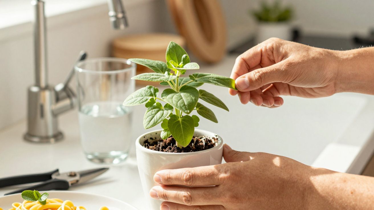 Manos cuidando una planta en maceta blanca en una cocina iluminada.