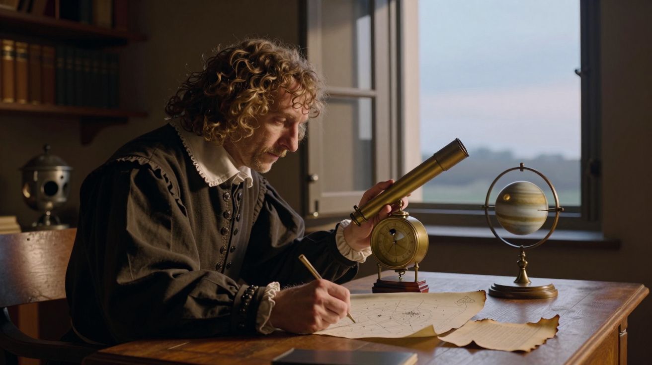 Hombre medieval con telescopio, escribiendo en un mapa en una mesa; globo terráqueo y ventana al fondo.