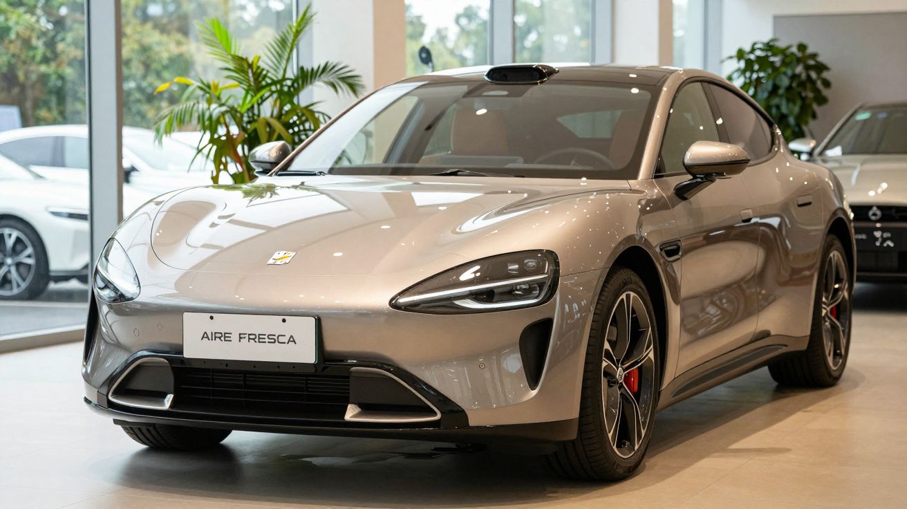 Coche deportivo gris dentro de un concesionario con plantas al fondo.