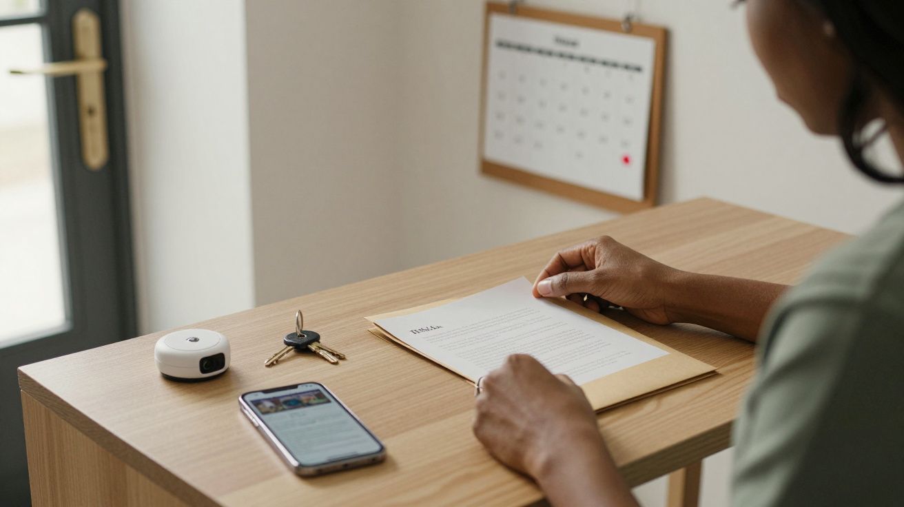 Persona revisando un documento en un escritorio con un teléfono, llaves y calendario de pared en el fondo.