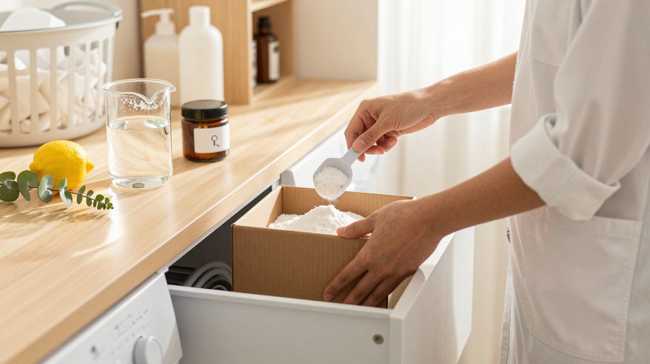 Persona agregando detergente en polvo en una lavadora en un cuarto de lavado iluminado.