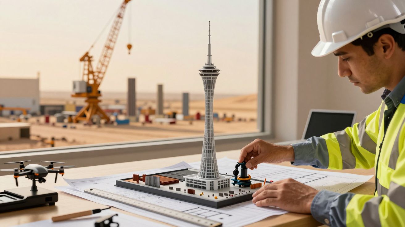 Ingeniero revisando maqueta de torre en una mesa, fondo de construcción y grúa visible por la ventana.