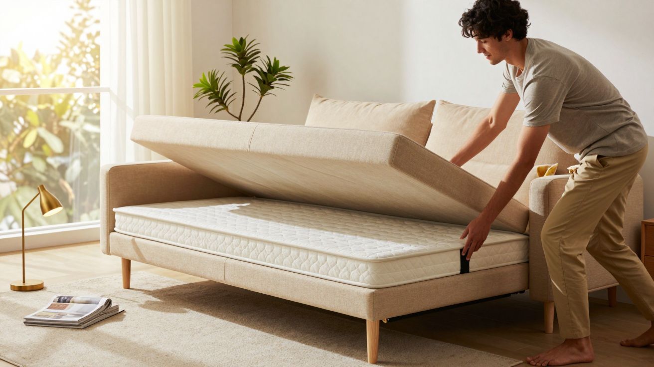 Hombre abriendo la tapa de un canapé beige en una sala luminosa con lámpara dorada y planta al fondo.