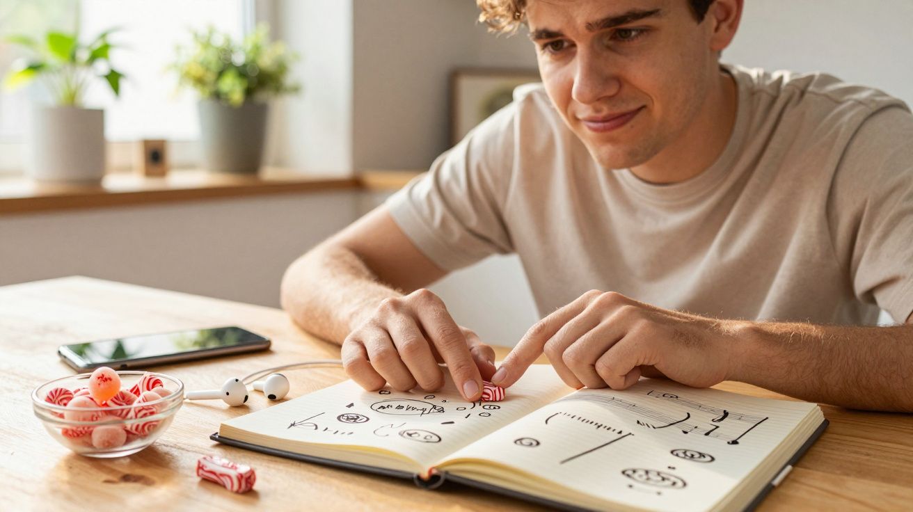 Hombre joven sonriendo mientras revisa un libro de bocetos en una mesa, con golosinas y un móvil al lado.