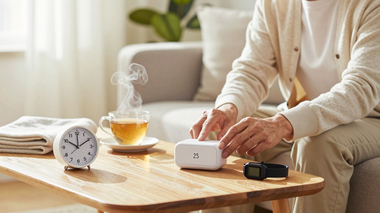 Persona ajusta un dispositivo en una mesa con reloj, té y toalla; sentado en un salón luminoso.