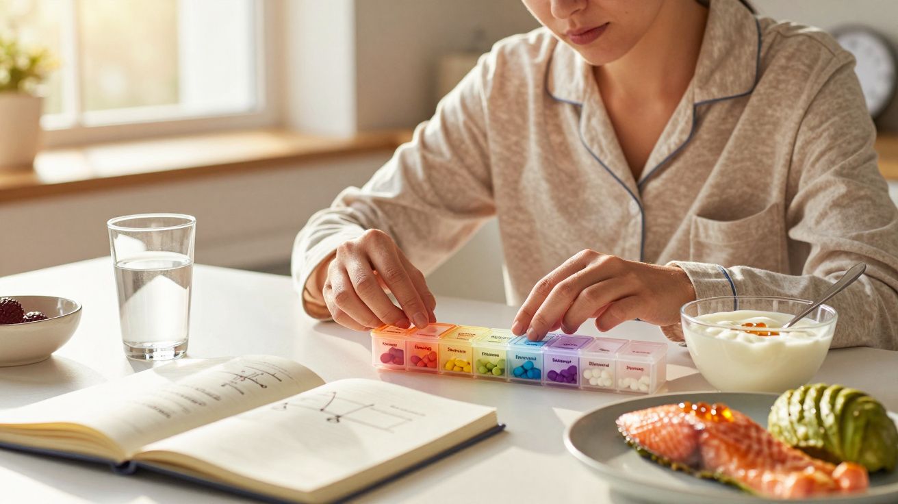 Persona organizando pastillas junto a libro, vaso de agua y desayuno saludable en la mesa.