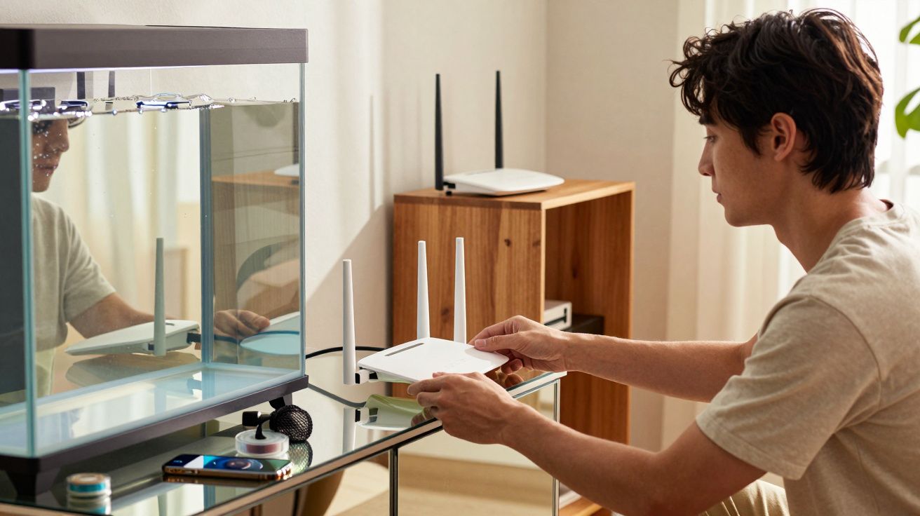 Hombre configurando un router Wi-Fi en una mesa de cristal junto a un acuario en un cuarto iluminado.