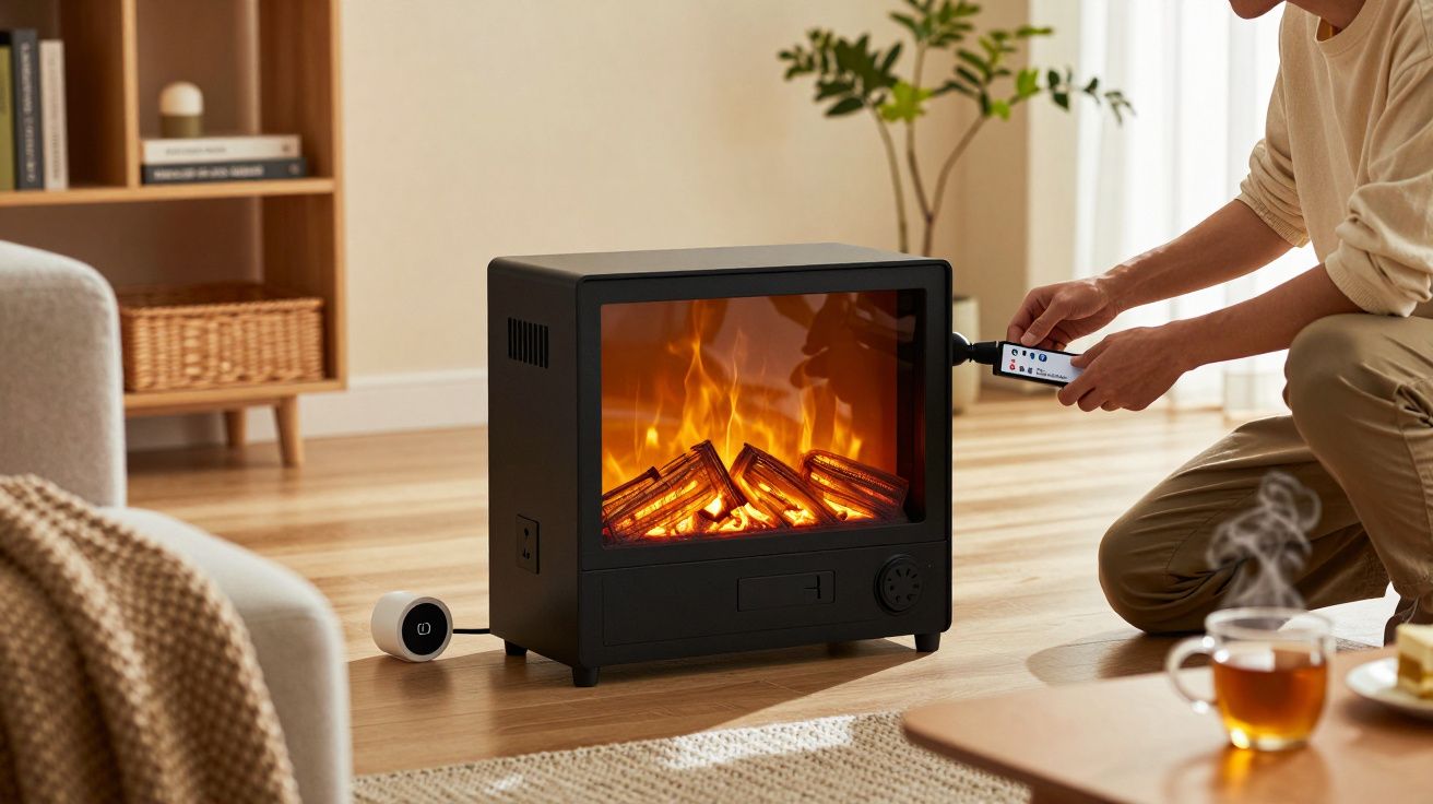 Persona ajustando un calentador eléctrico con forma de chimenea en una sala de estar.