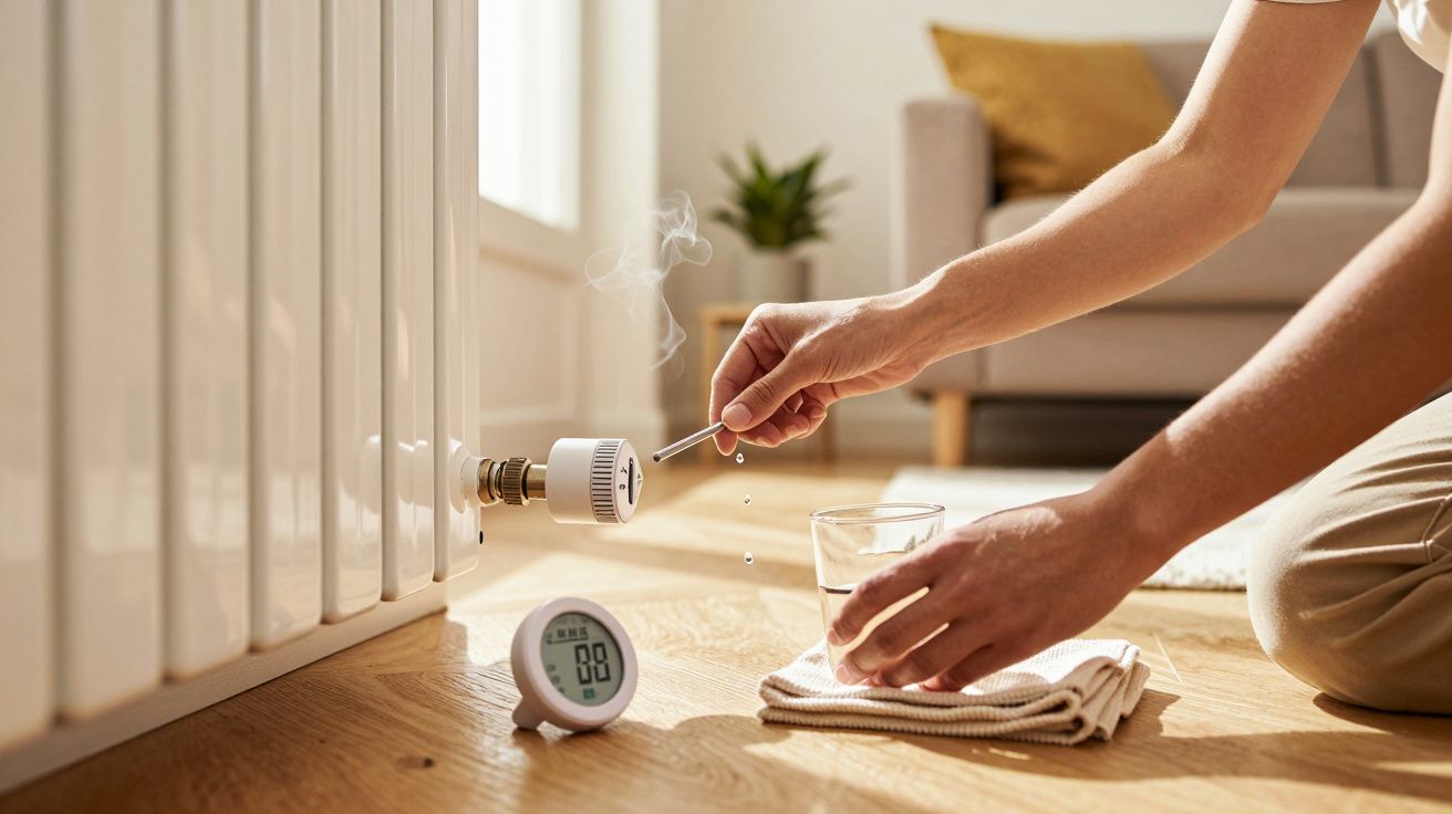 Mano ajustando válvula de radiador, con termómetro y vaso sobre el suelo de madera. Ambiente iluminado y acogedor.