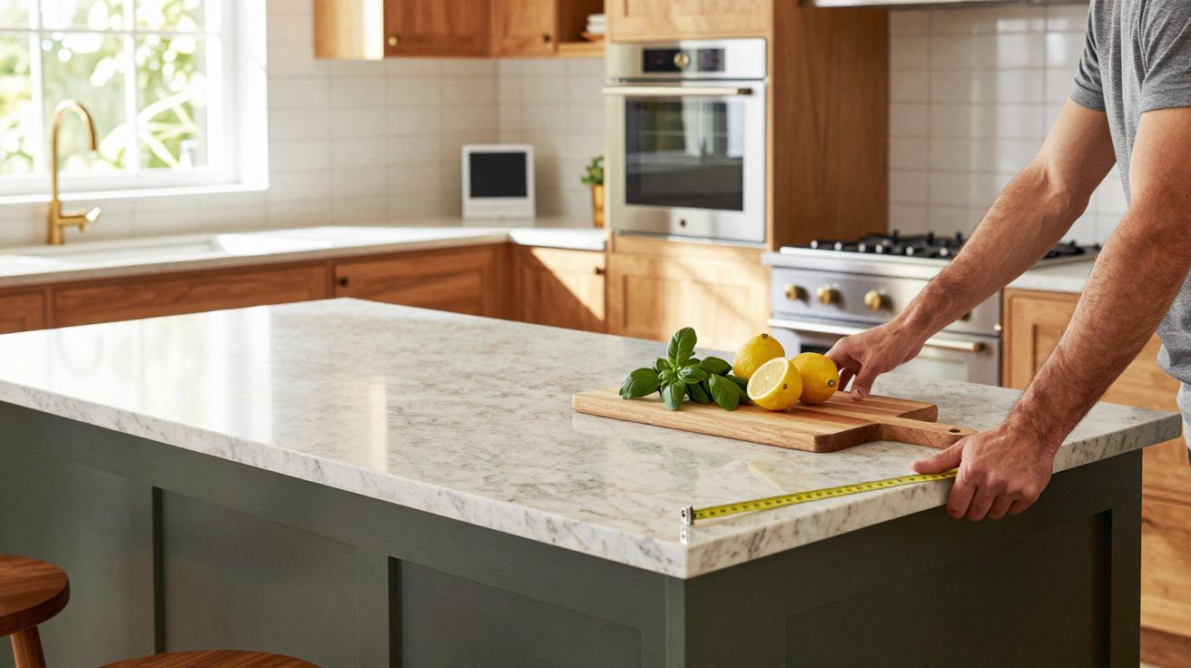 Hombre mide una encimera de cocina con cinta métrica; hay limones y albahaca sobre una tabla de cortar.