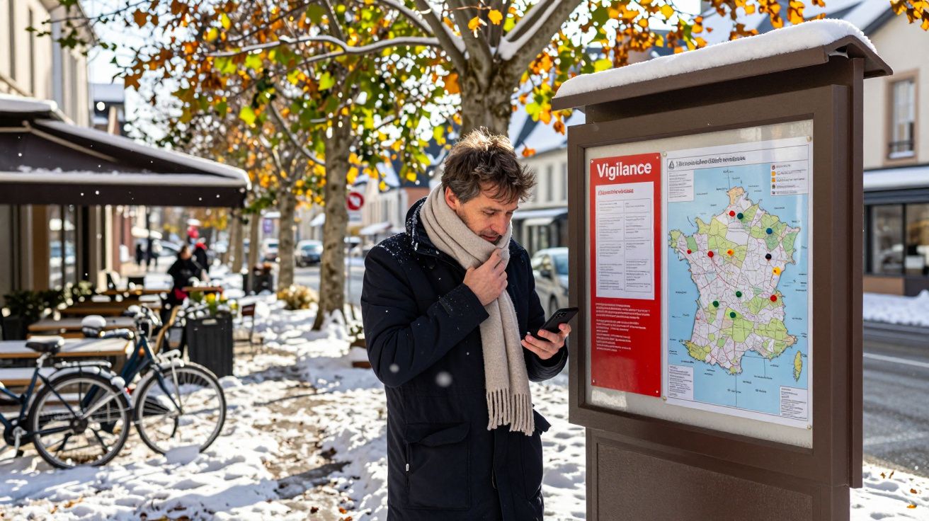 Hombre revisando móvil junto a cartel de vigilancia meteorológica en una calle nevada con terrazas y bicicletas.