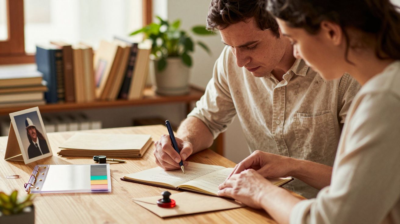Hombre y mujer escribiendo en un cuaderno sobre una mesa con libros, papelería y una foto enmarcada.