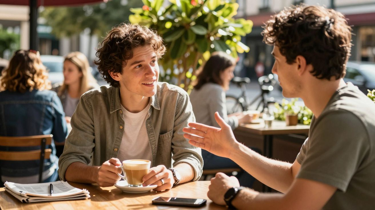 Dos personas conversando en una terraza de café, rodeados de plantas y con tazas sobre la mesa.