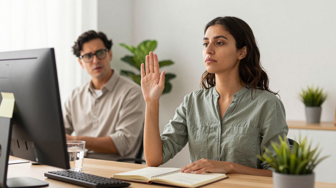 Mujer levanta la mano en una oficina mientras un hombre la observa, ambos frente a un ordenador.