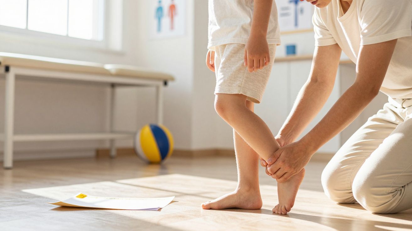 Persona ayudando a un niño a estirarse en una sala de fisioterapia iluminada por el sol, con una pelota al fondo.