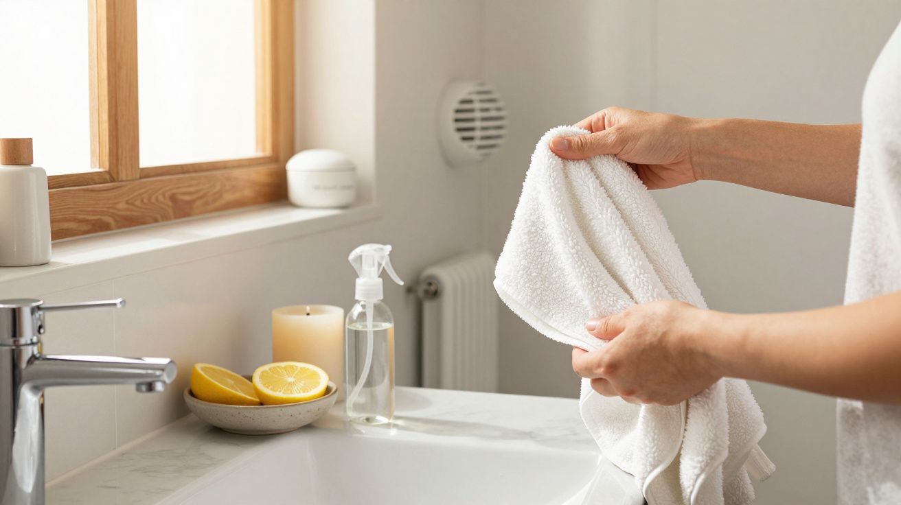 Manos sosteniendo una toalla blanca en un baño blanco moderno, con limón, vela y spray en el lavabo.