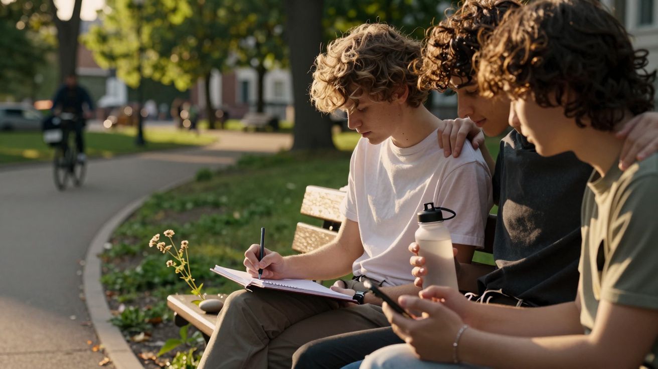 Tres jóvenes sentados en un banco al aire libre, uno escribiendo en un cuaderno, otro con una botella de agua.