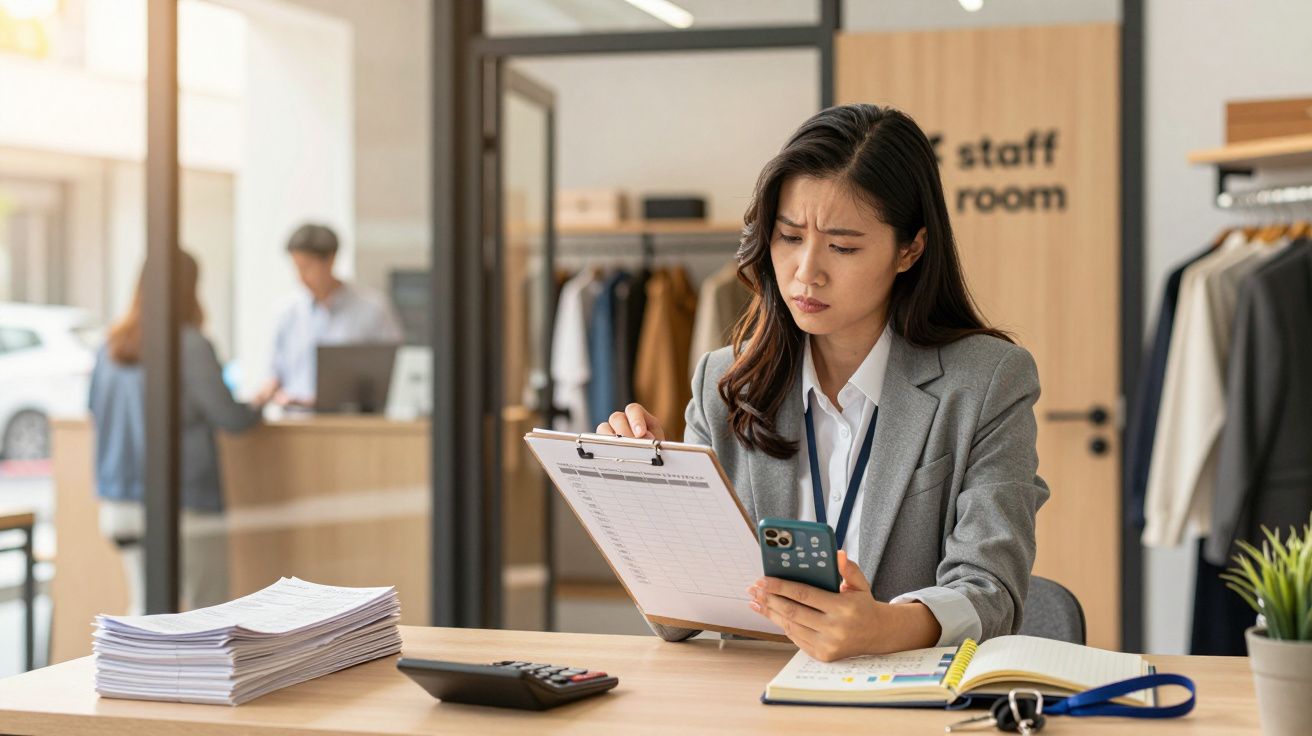 Mujer pensativa en oficina, revisa un portapapeles y su móvil, rodeada de documentos, calculadora y una planta.