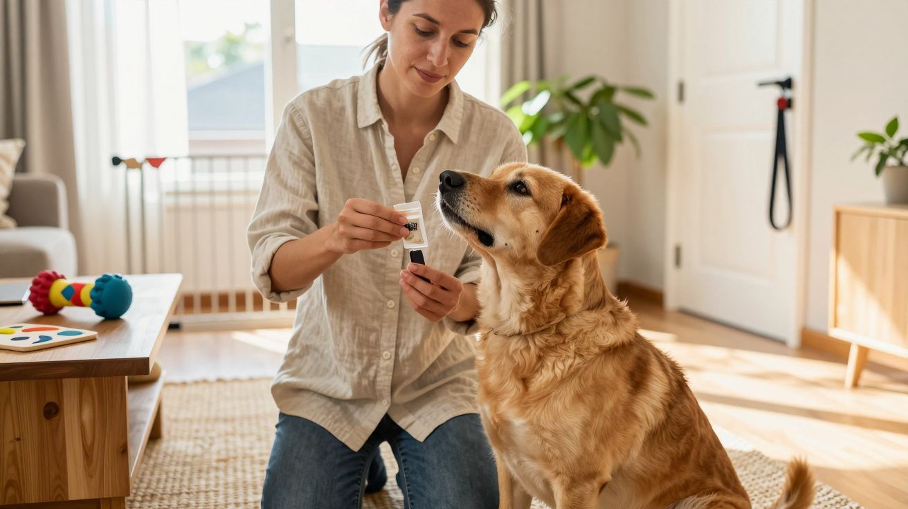Mujer arrodillada muestra un frasco a un perro en un salón iluminado.