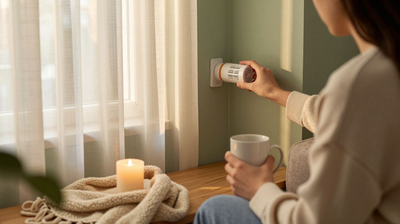 Persona sosteniendo una taza, enchufando difusor de aroma en la pared, junto a una vela y una manta en una mesa de madera.