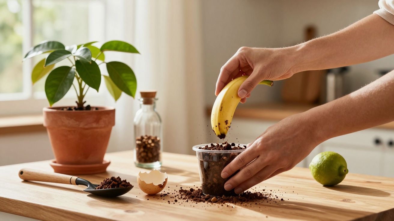Manos colocando cáscara de plátano en un recipiente con tierra en una cocina, junto a limón y planta en maceta.