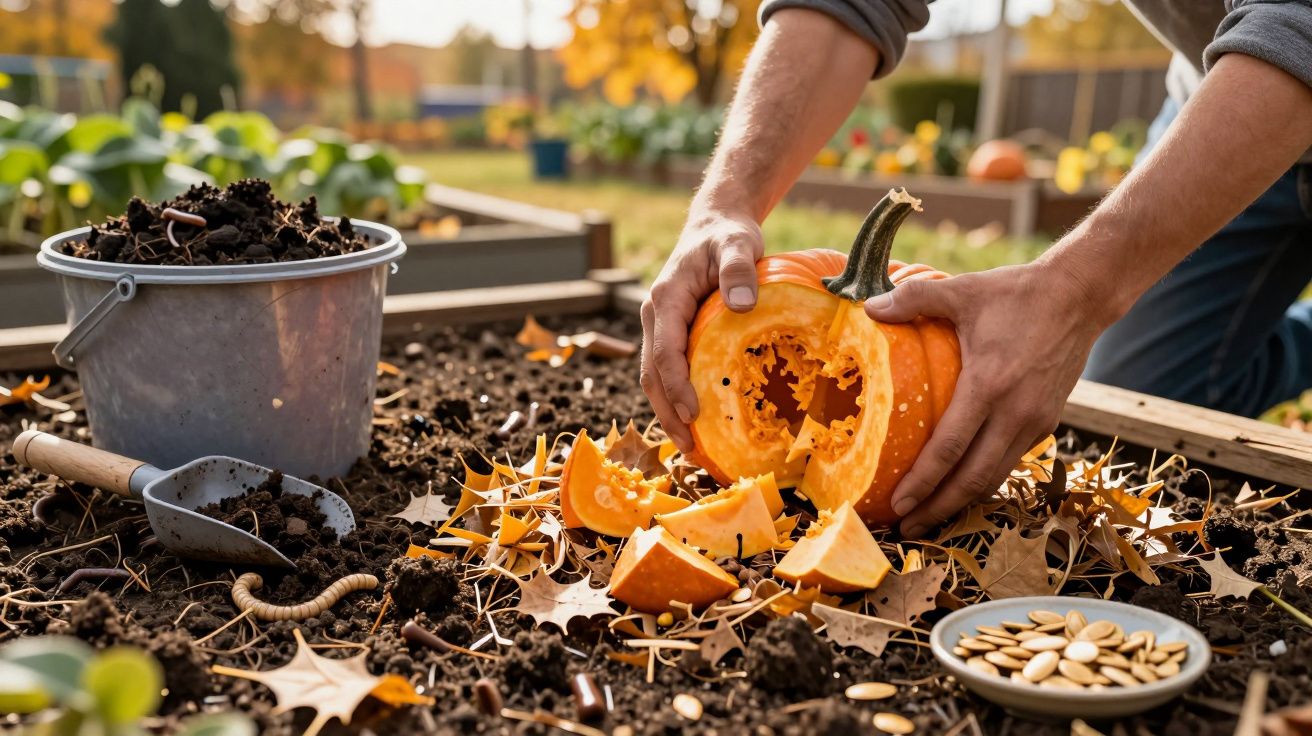 Manos abriendo calabaza en un huerto, rodeada de hojas, semillas y tierra. Cubo y pala de fondo.