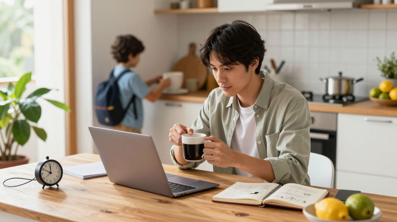 Hombre tomando café mientras trabaja en portátil en cocina, niño de fondo con mochila. Reloj y frutas en mesa.