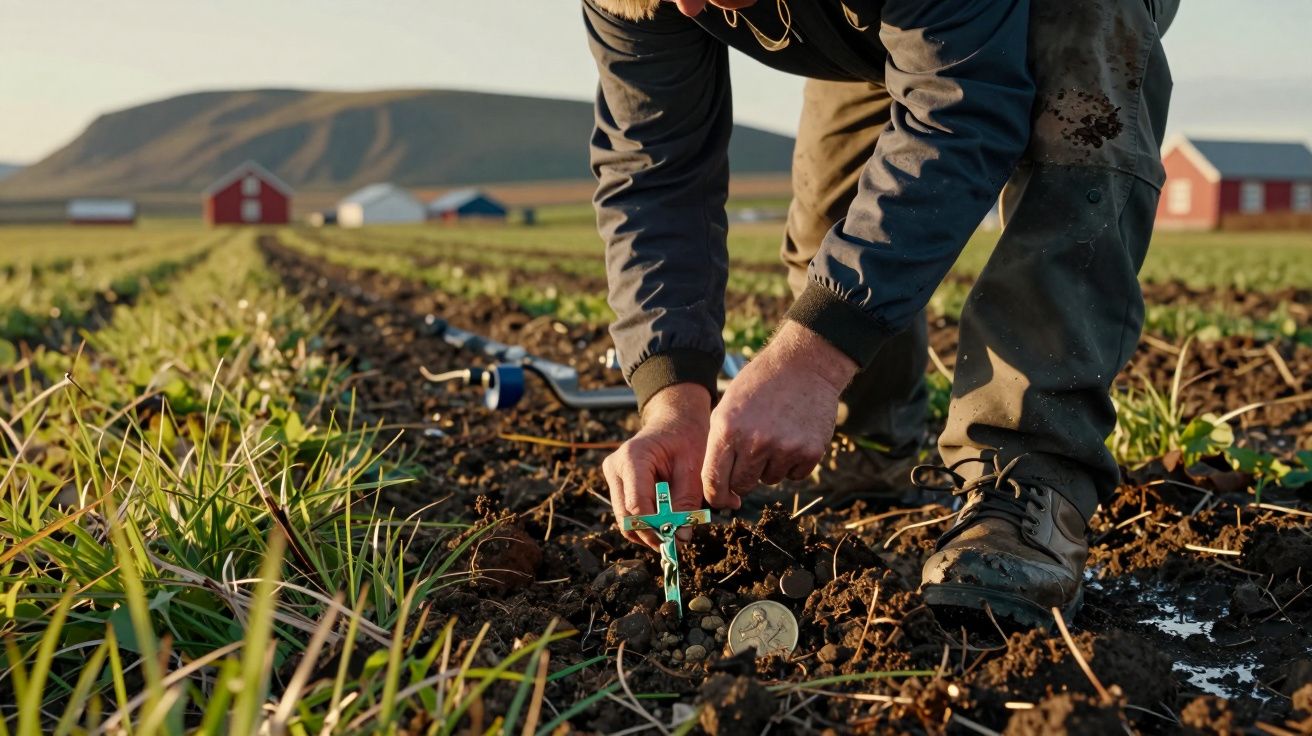 Persona plantando en un campo agrícola, con casas y montañas al fondo en un día soleado.