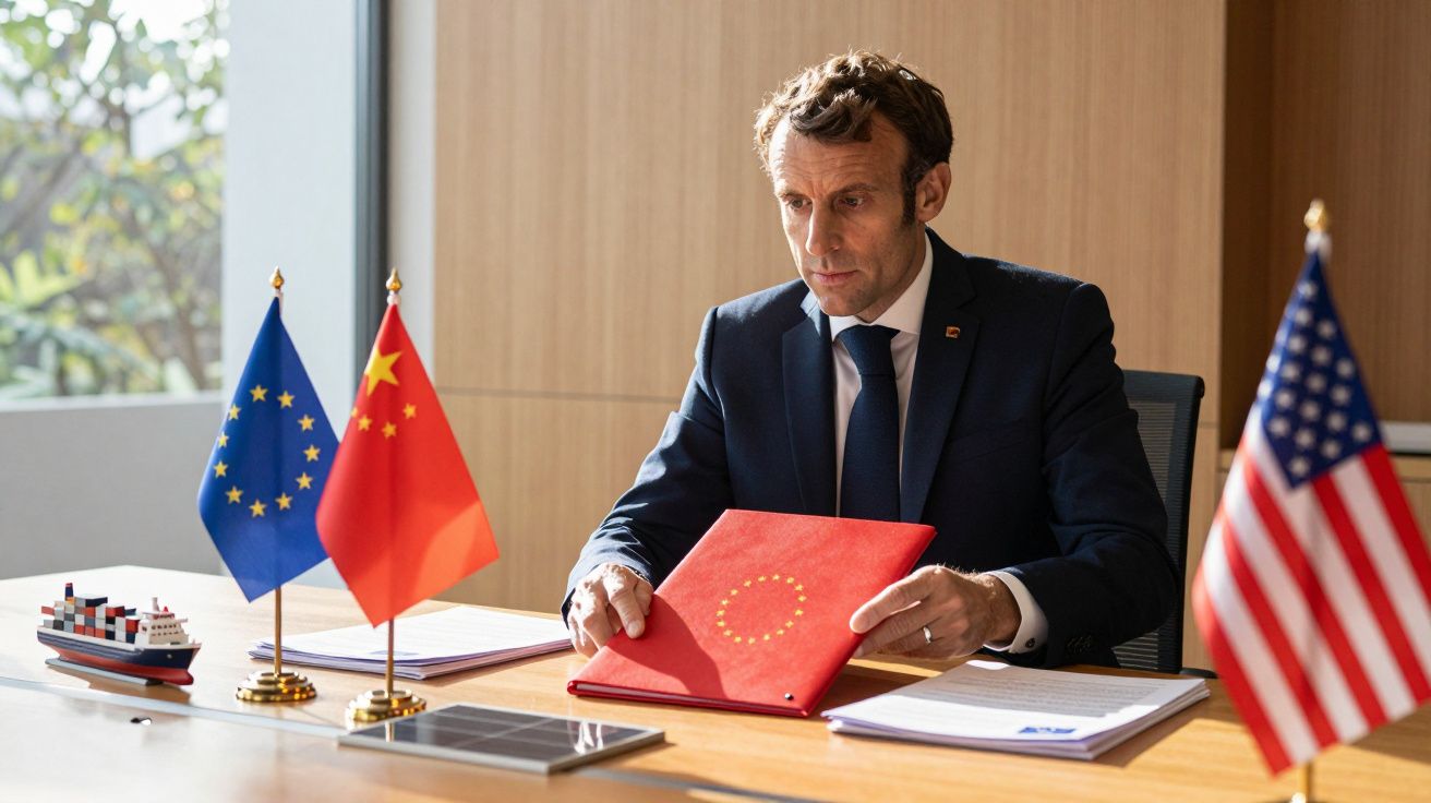 Hombre con traje, sentado en la oficina, sosteniendo carpeta roja de la UE. Banderas de la UE, China y EE.UU. en la mesa.
