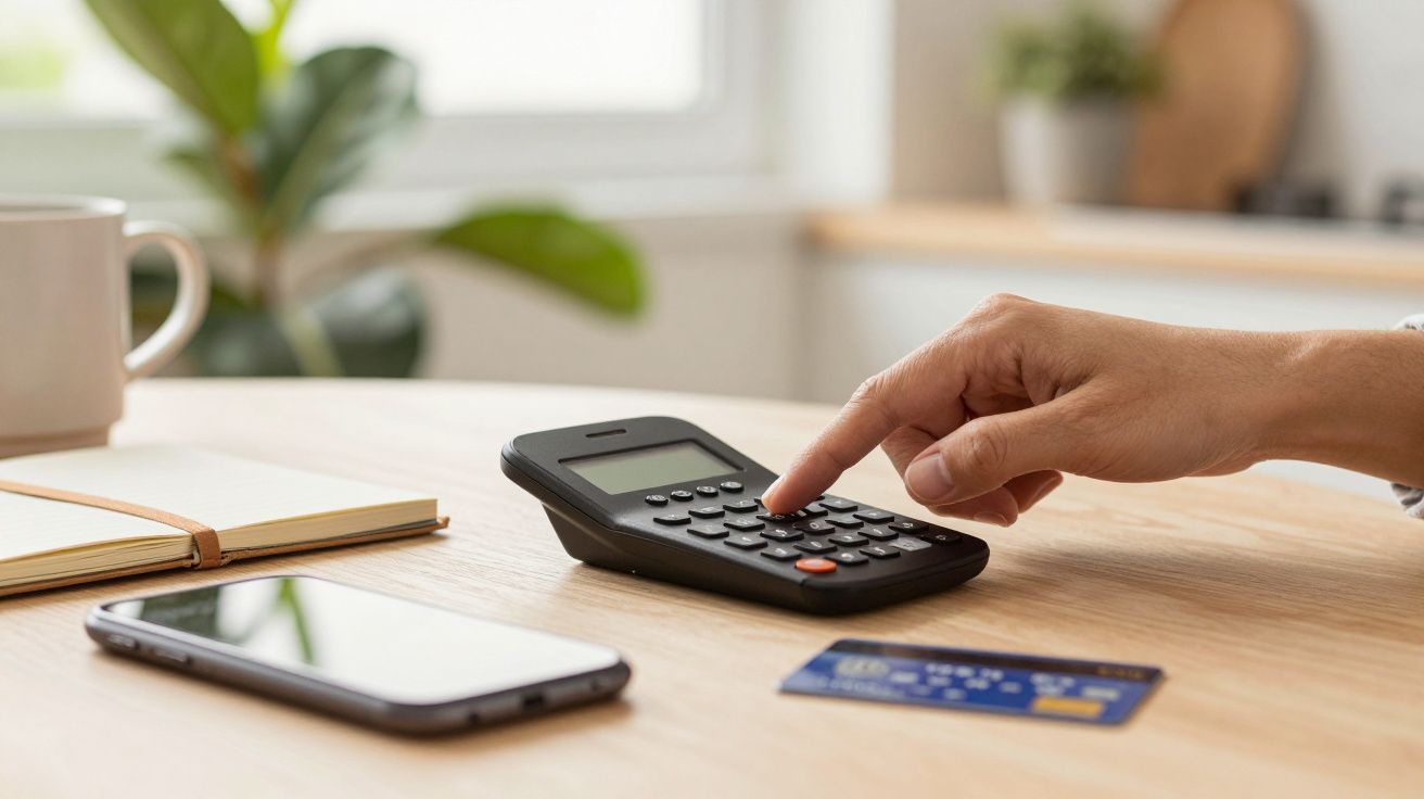 Mano usando una calculadora en una mesa con móvil, tarjeta de crédito y cuaderno cerca. Fondo difuminado.