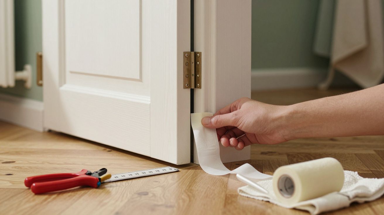 Mano colocando cinta adhesiva en el marco de una puerta blanca sobre suelo de madera, con herramientas al lado.