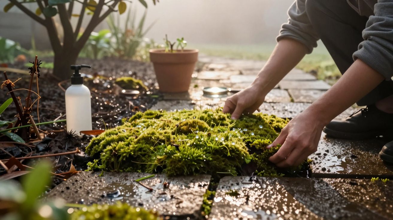 Manos cuidando musgo sobre baldosas húmedas al amanecer, con plantas en macetas alrededor.