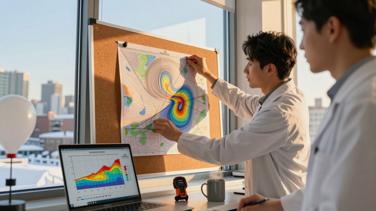 Dos científicos analizan un mapa meteorológico en una oficina iluminada por el sol, con gráficos en un portátil.