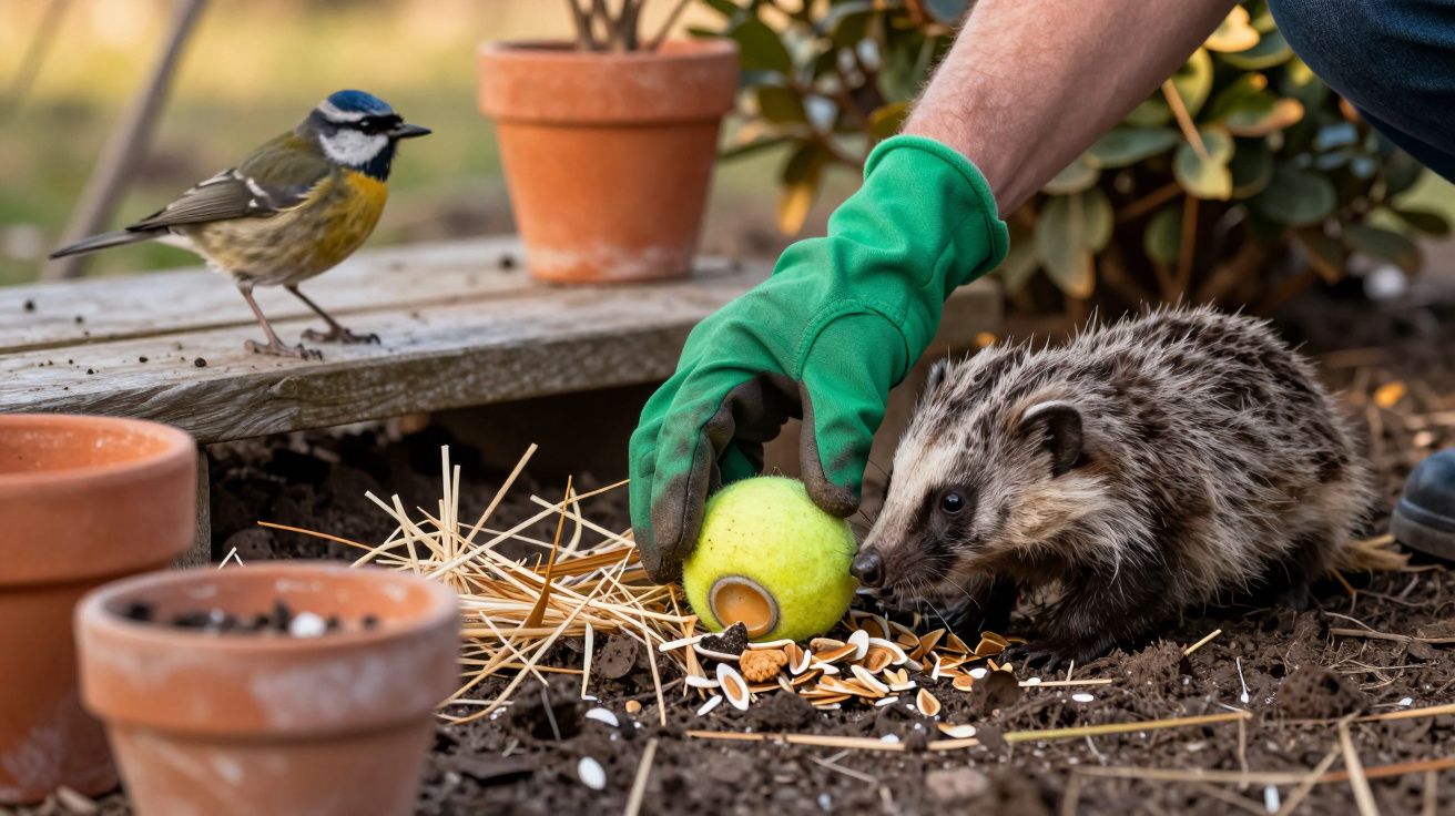 Mano con guante verde da manzana a un tejón en jardín, mientras un pájaro observa desde una tarima de madera.