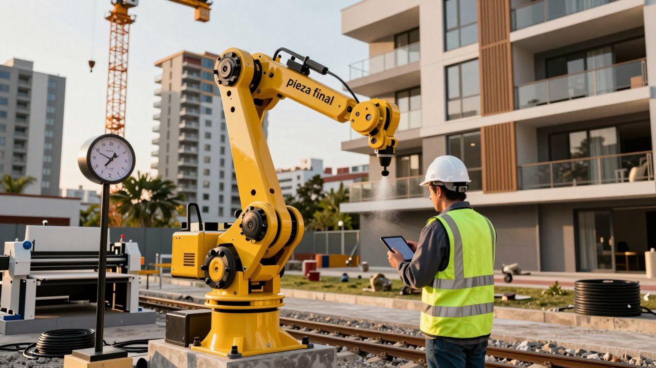 Trabajador con casco supervisa brazo robótico amarillo en obra de construcción urbana.